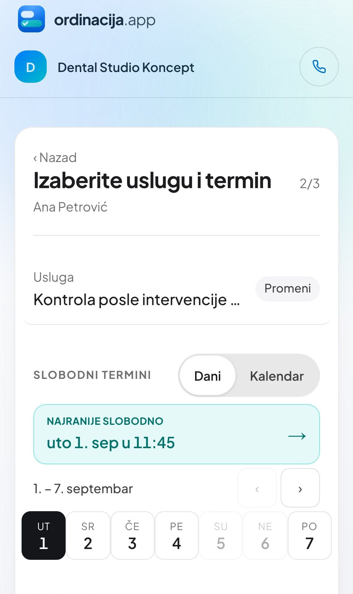Pacijent na telefonu bira uslugu i slobodan termin